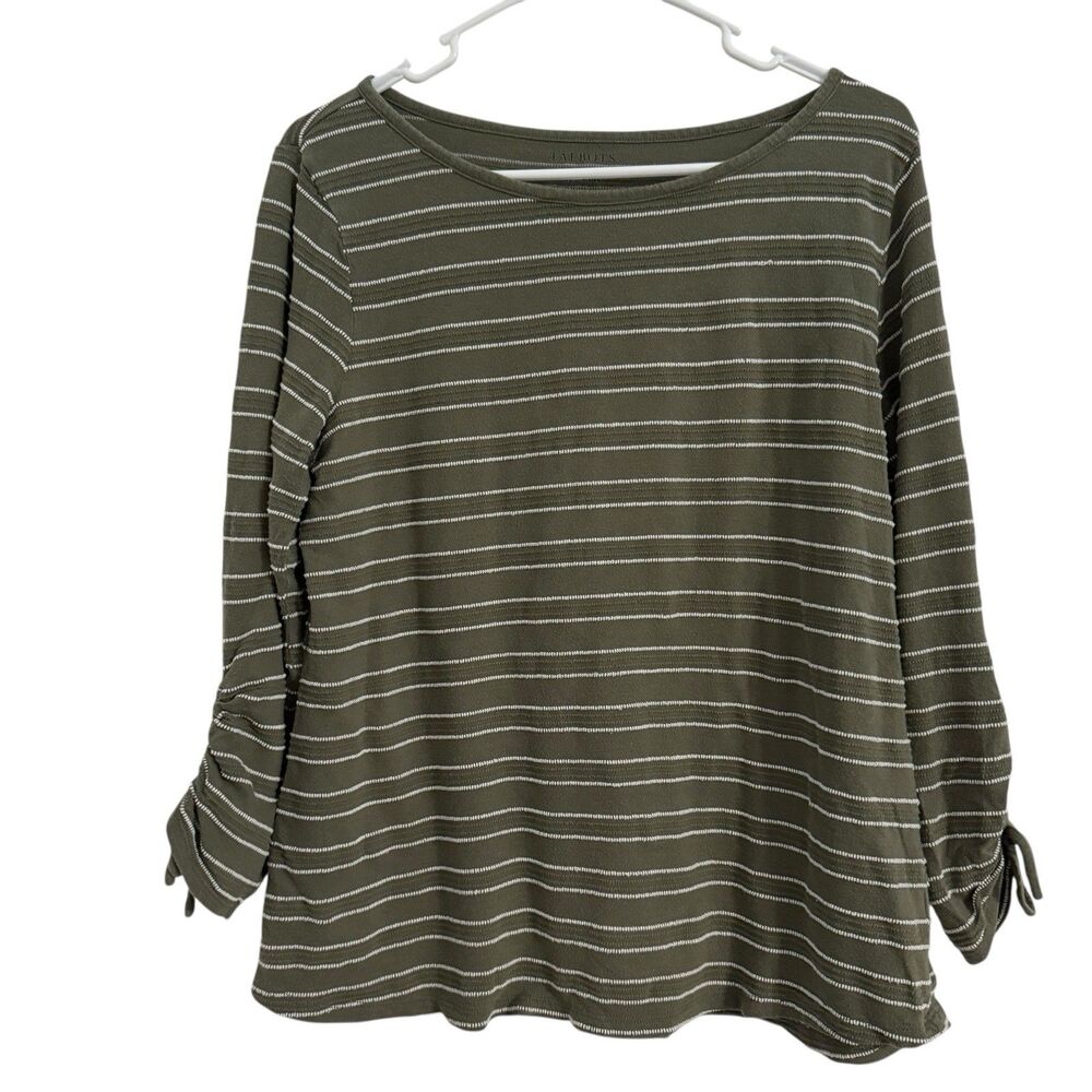 TALBOTS Women's MEDIUM Olive Green White Striped Knit Top Classic Stretch Cotton
